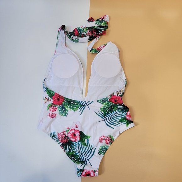 Begonia.K  Tropical Print Deep V-Neck Criss Cross Floral One Piece Swimsuit NEW - Picture 7 of 12